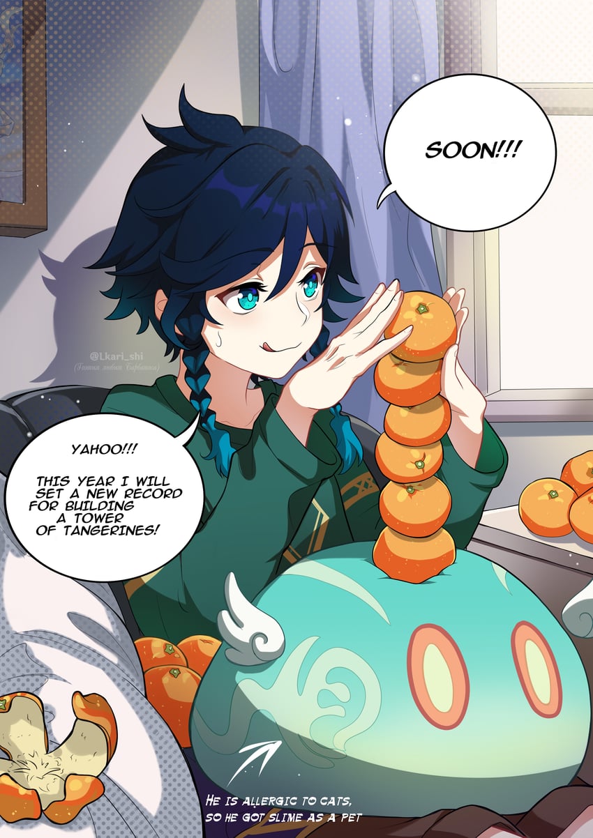venti, slime, and anemo slime (genshin impact) drawn by lkari_shi