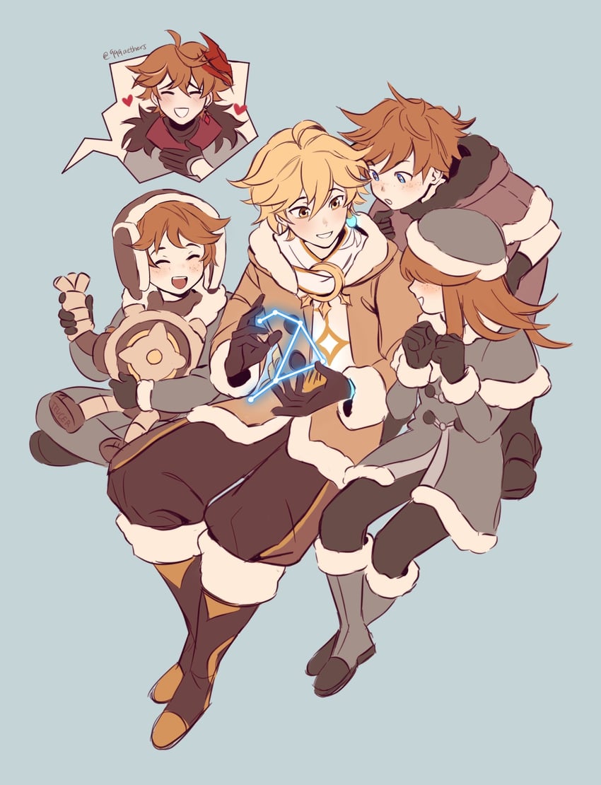 aether, tartaglia, teucer, ruin guard, tonia, and 1 more (genshin impact) drawn by 999aethers