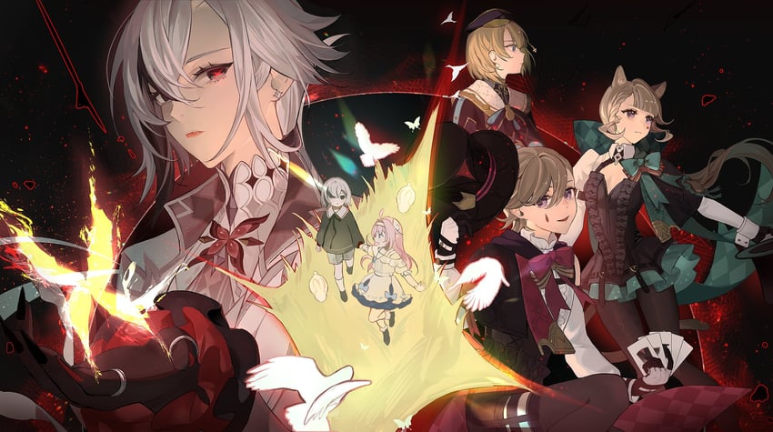 arlecchino, lynette, lyney, freminet, clervie, and 1 more (genshin impact) drawn by boja