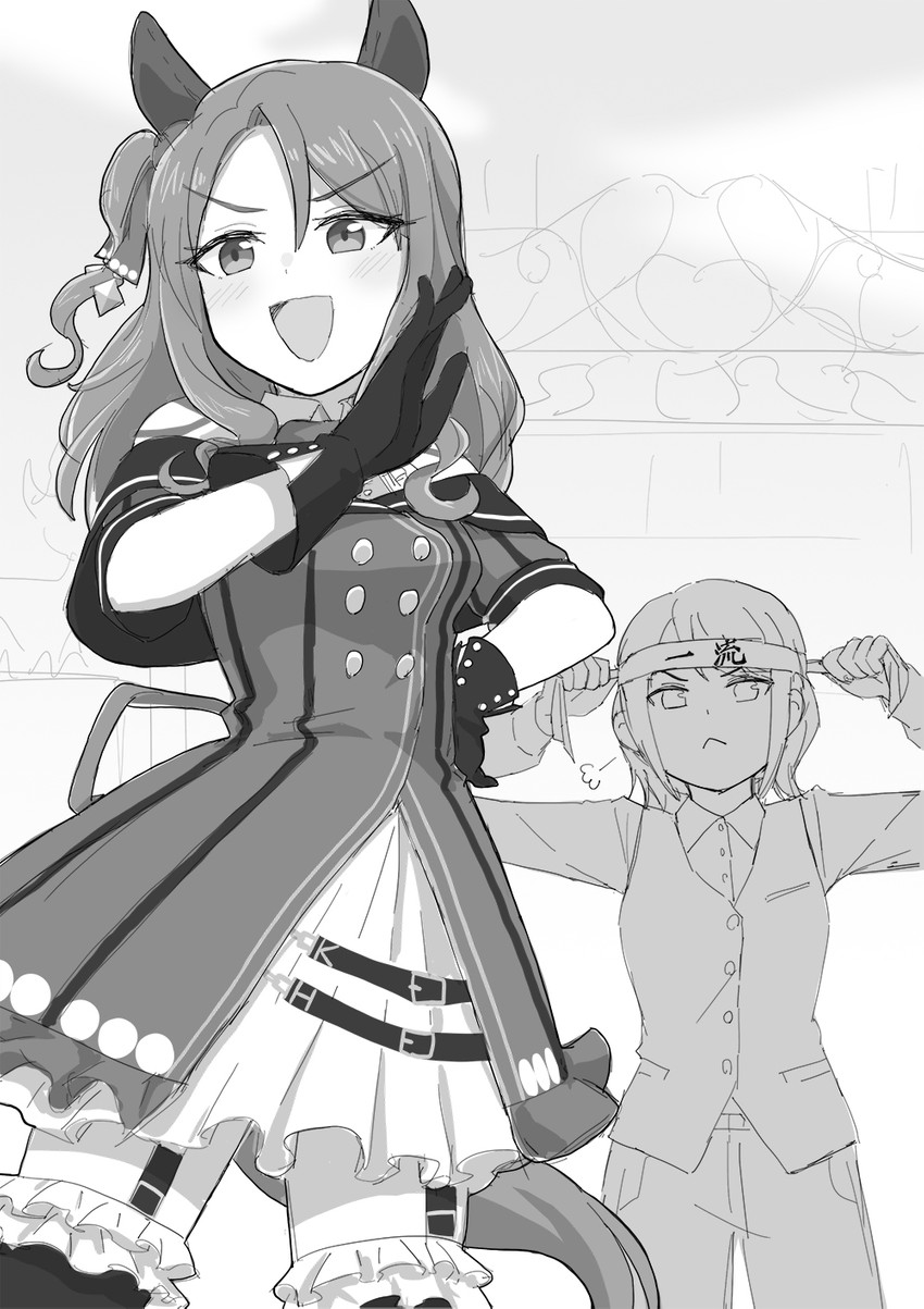 trainer, king halo, and female trainer (umamusume) drawn by minu