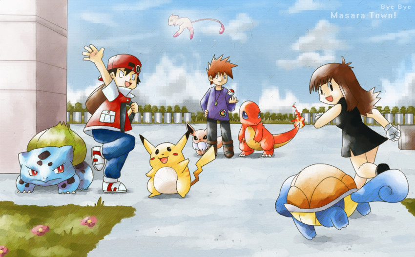 pikachu, red, eevee, blue oak, bulbasaur, and 4 more (pokemon and 1 more) drawn by aonik