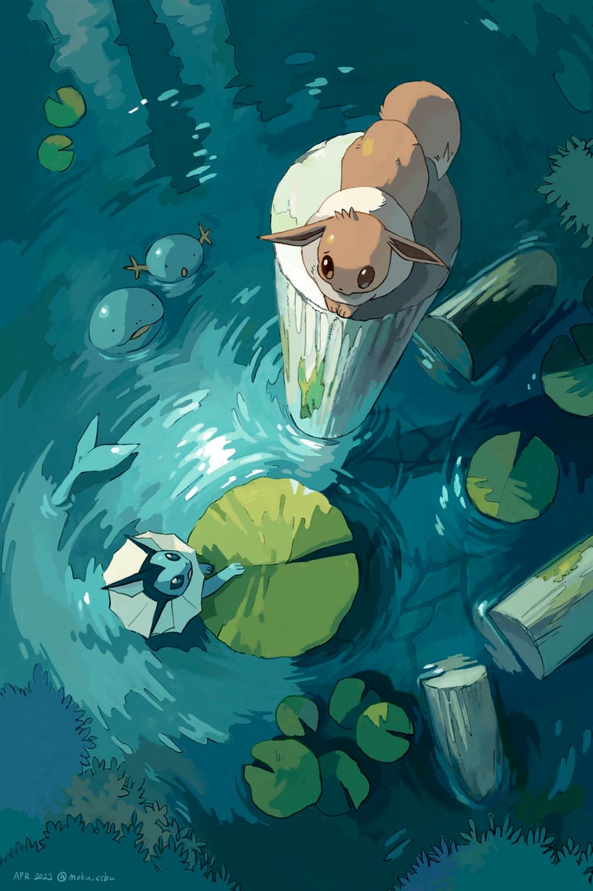 eevee, vaporeon, wooper, and quagsire (pokemon) drawn by mokuzou_(moku_ssbu)