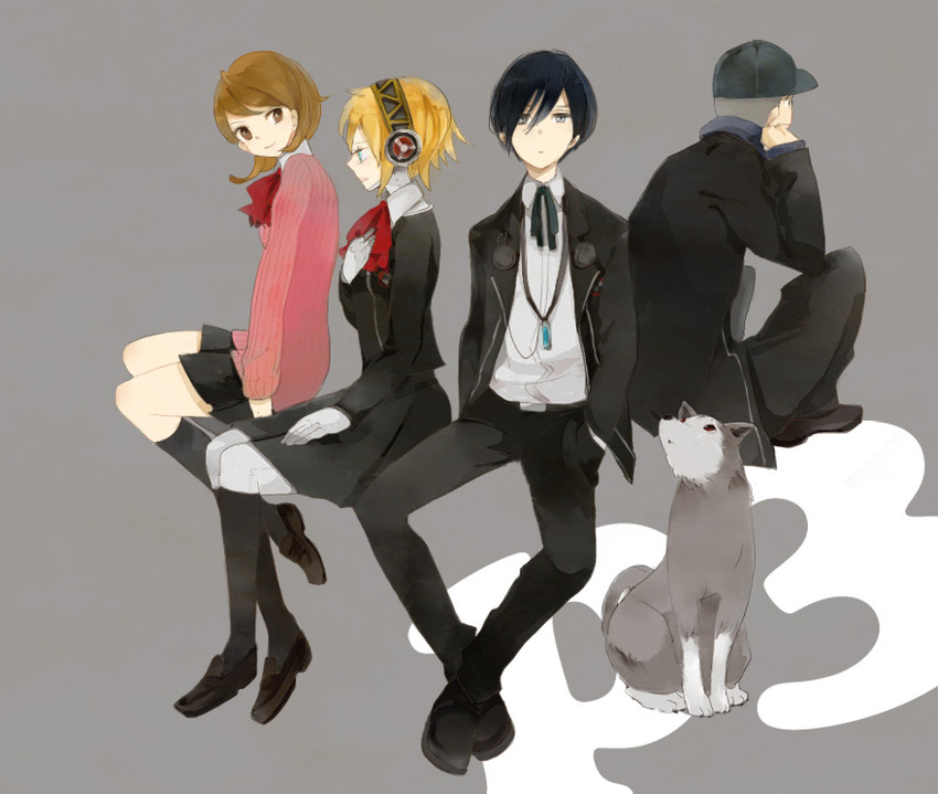 yuuki makoto, aigis, takeba yukari, iori junpei, and koromaru (persona and 1 more) drawn by umou