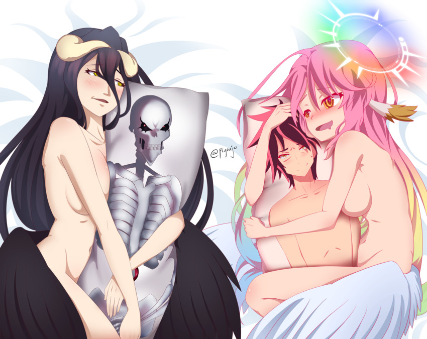 albedo, jibril, ainz ooal gown, and sora (overlord and 1 more) drawn by ar_jart
