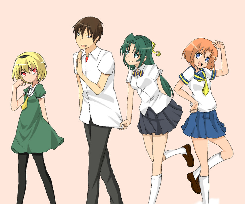 ryuuguu rena, houjou satoko, sonozaki shion, and maebara keiichi (higurashi no naku koro ni and 1 more) drawn by yuzuha_(tengokugumi)