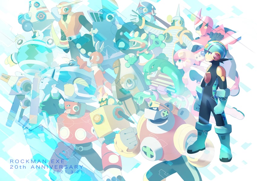 megaman.exe, roll.exe, protoman.exe, gutsman.exe, fireman.exe, and 15 more (mega man and 2 more) drawn by tsuchibori
