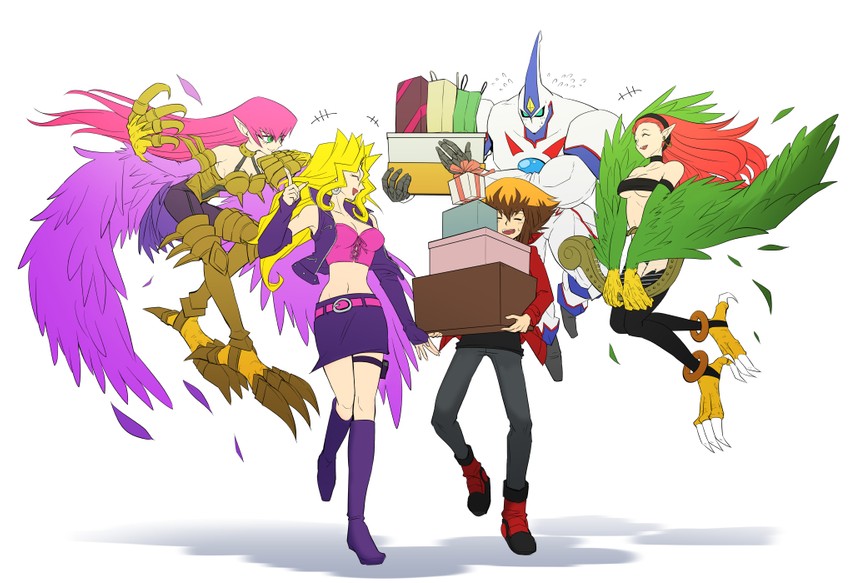 yuki judai, kujaku mai, harpie lady, elemental hero neos, cyber slash harpie lady, and 2 more (yu-gi-oh! and 2 more) drawn by haku_yui_(shirayui255)