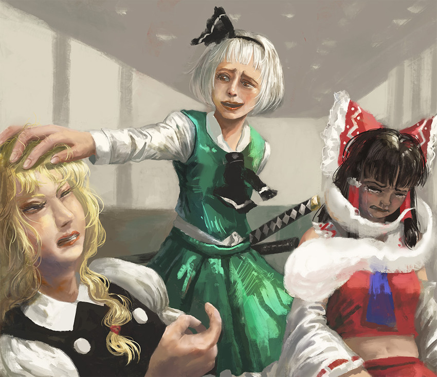 hakurei reimu, kirisame marisa, konpaku youmu, and liu huaqiang (touhou and 1 more) drawn by amibazh