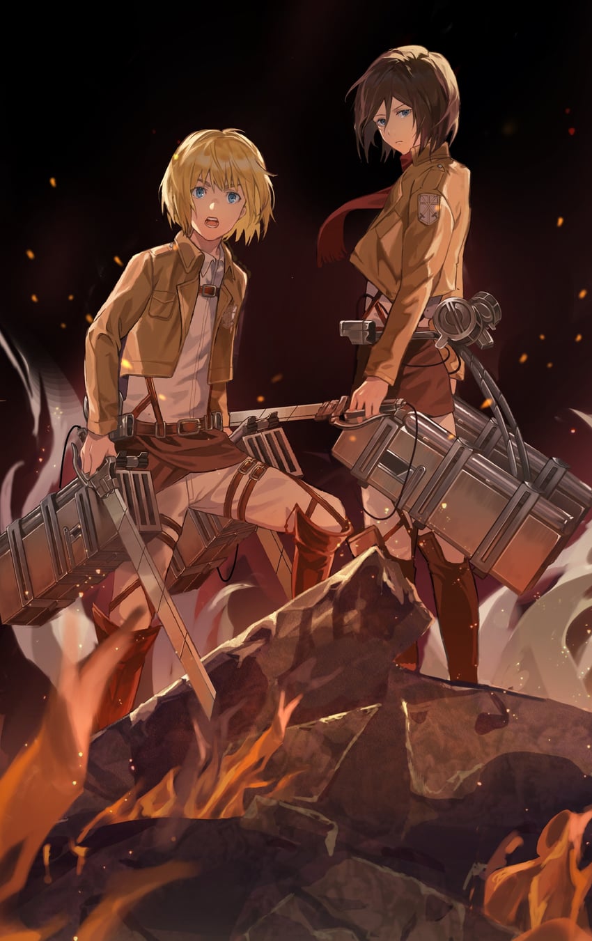 mikasa ackerman and armin arlert (shingeki no kyojin) drawn by shirushi_06