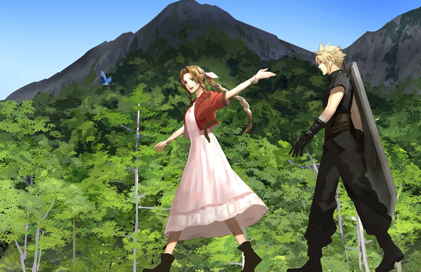 cloud strife and aerith gainsborough (final fantasy and 2 more) drawn by 11mtri