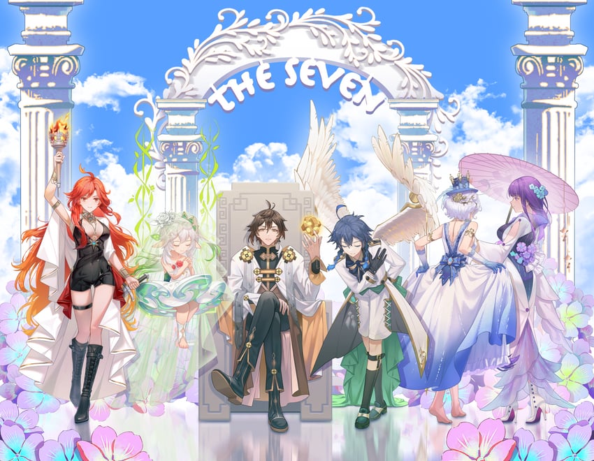 raiden shogun, furina, nahida, zhongli, venti, and 2 more (genshin impact) drawn by tanpopo_(tanpopokkk)