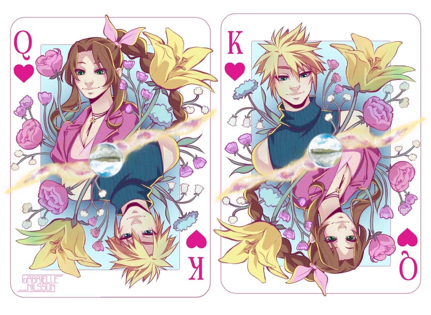 cloud strife and aerith gainsborough (final fantasy and 3 more) drawn by gabbinesss