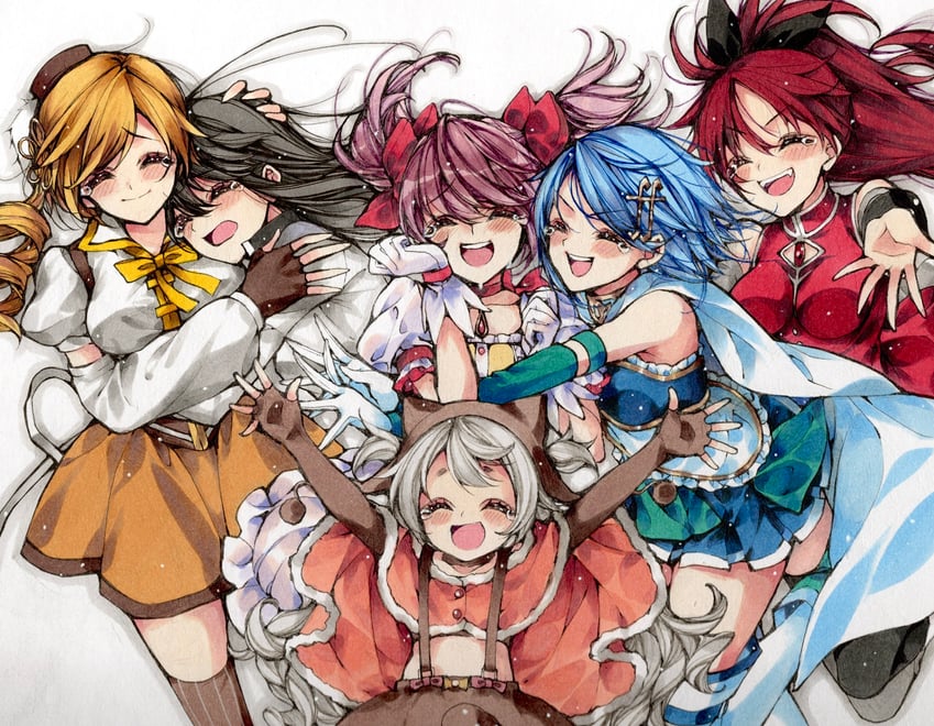 akemi homura, kaname madoka, miki sayaka, sakura kyoko, tomoe mami, and 1 more (mahou shoujo madoka magica) drawn by misteor