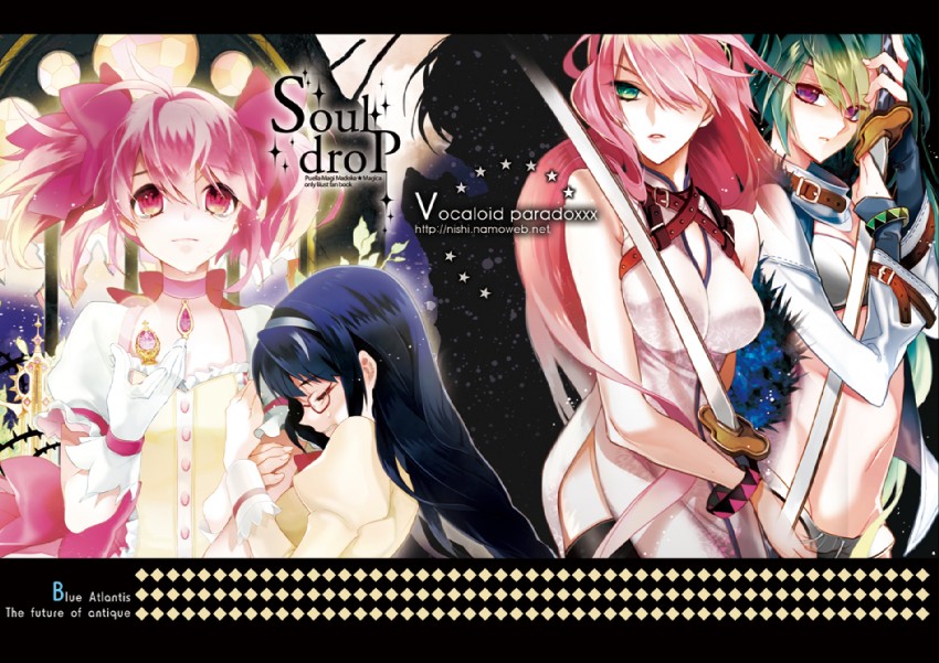 hatsune miku, akemi homura, kaname madoka, and megurine luka (vocaloid and 1 more) drawn by nishi_(ainshaie)