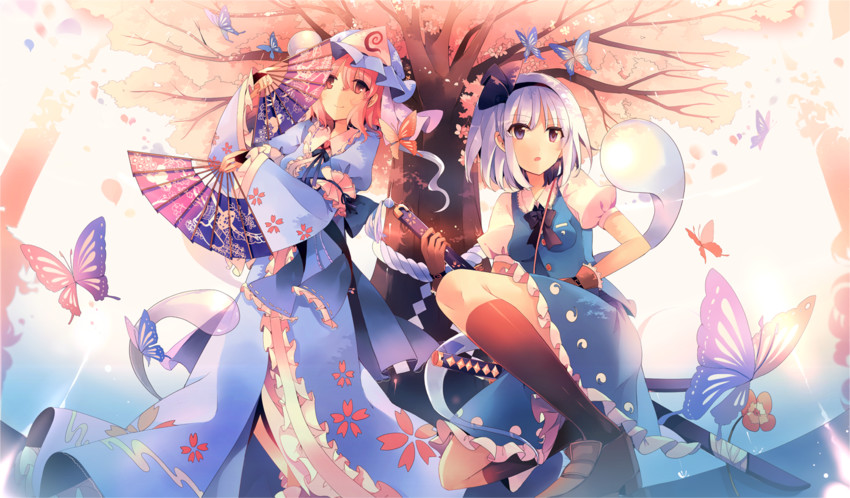 konpaku youmu, saigyouji yuyuko, and saigyou ayakashi (touhou) drawn by kirero