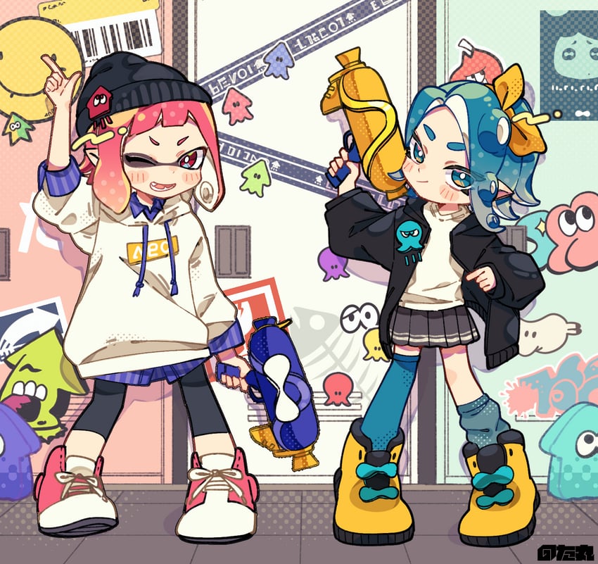 inkling player character, octoling player character, octoling girl, and inkling boy (splatoon) drawn by notamaru_2