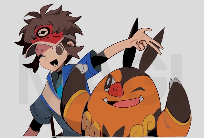 nate and pignite (pokemon and 1 more) drawn by 950magi618
