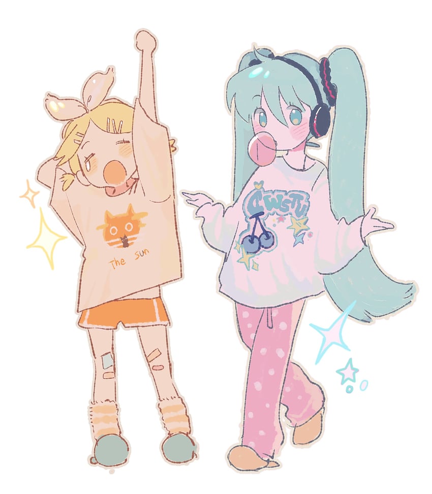 hatsune miku and kagamine rin (vocaloid) drawn by memoji_7672