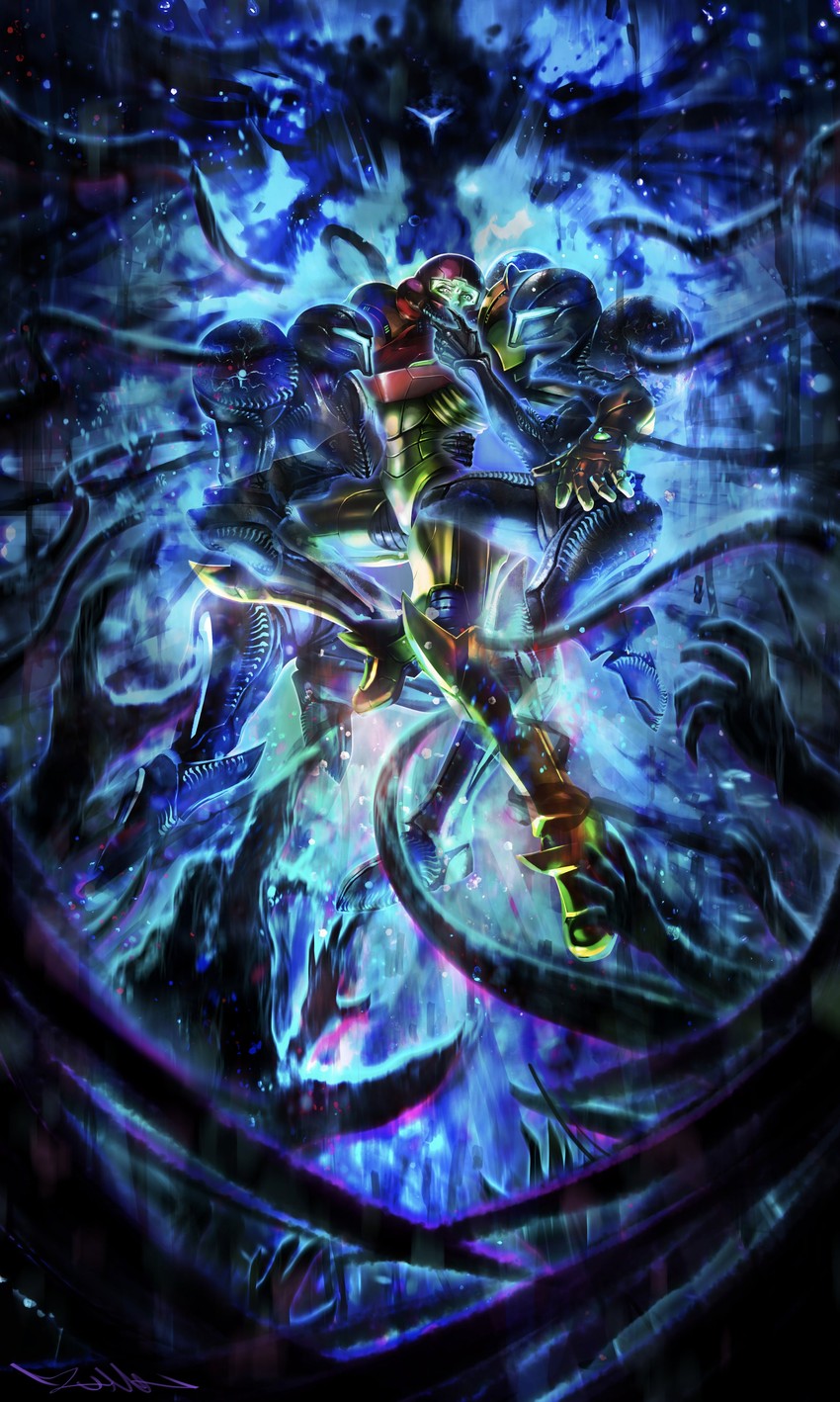 samus aran and dark samus (metroid and 1 more) drawn by yasukuni_kazumasa