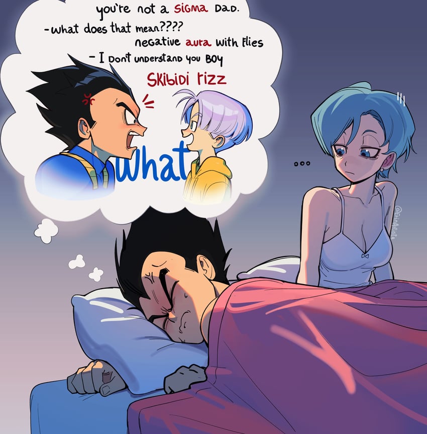 vegeta, bulma, and trunks (dragon ball and 1 more) drawn by erinartista