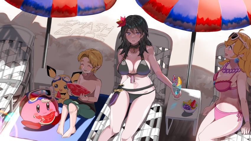 link, kirby, princess peach, female byleth, pichu, and 1 more (pokemon and 9 more) drawn by ao_hito