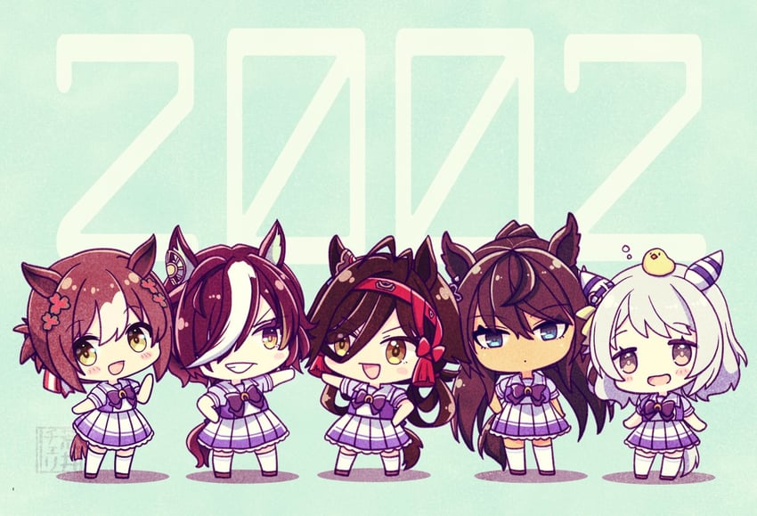 fine motion, hishi miracle, tanino gimlet, symboli kris s, and no reason (umamusume) drawn by arai_cherry