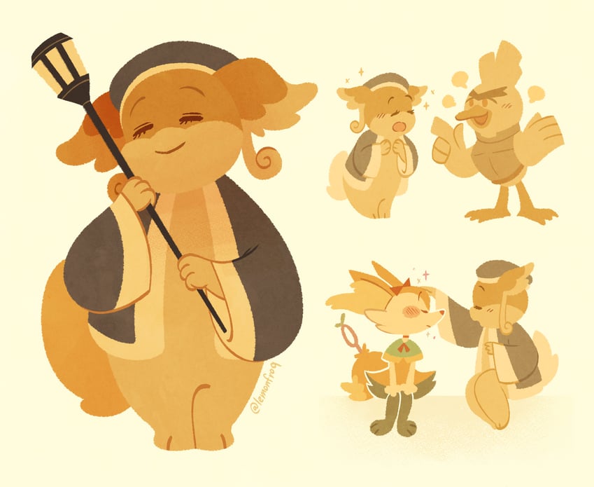 marcille donato, falin touden, laios touden, braixen, sirfetch'd, and 1 more (pokemon and 1 more) drawn by lemonfroq