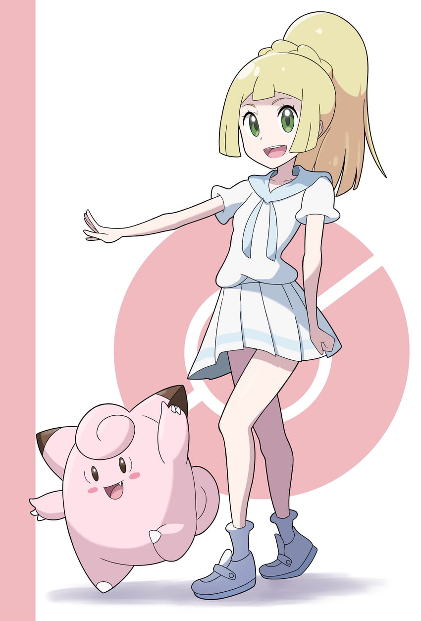 lillie and clefairy (pokemon and 1 more) drawn by araki_megami