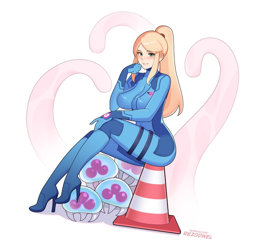 samus aran, metroid, and metroid larva (metroid) drawn by rezodwel