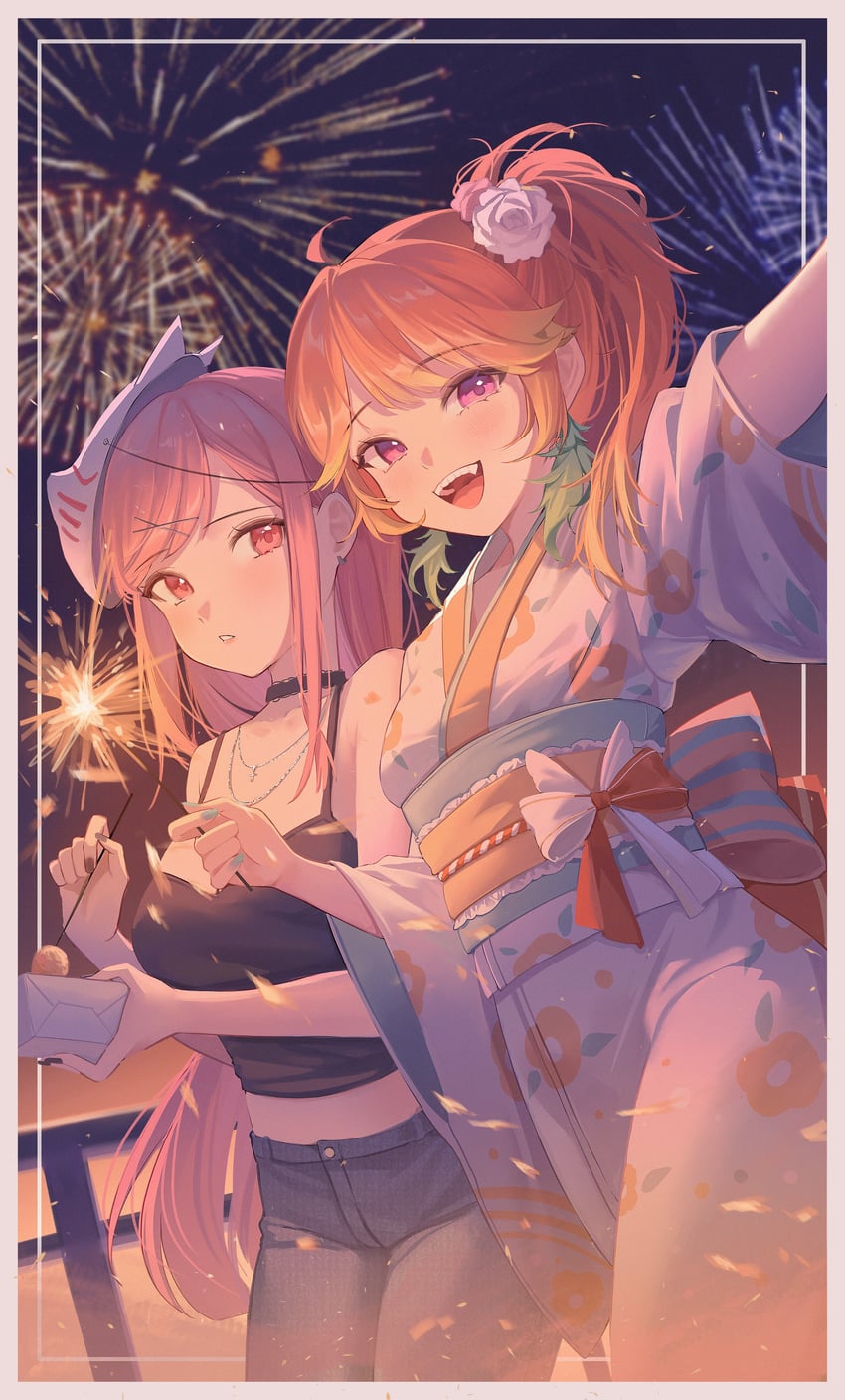 mori calliope and takanashi kiara (hololive and 1 more) drawn by midori_fufu