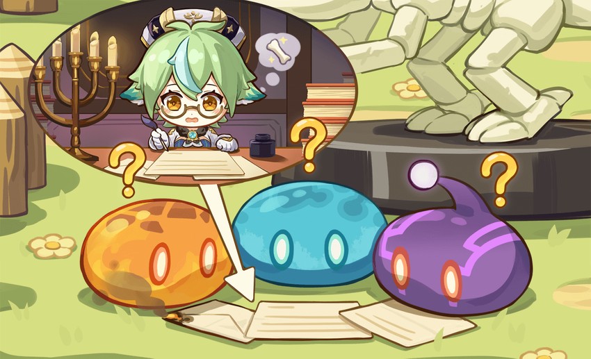 slime, sucrose, hydro slime, pyro slime, and electro slime (genshin impact)