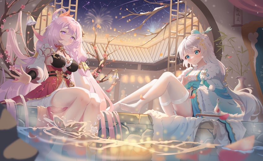 elysia, theresa apocalypse, and zhuge kongming (honkai and 1 more) drawn by evil_king
