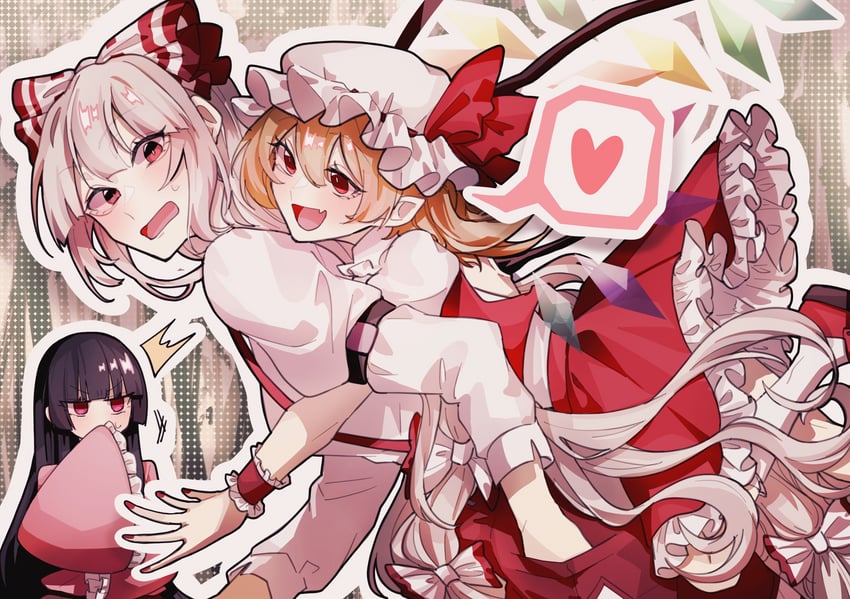 flandre scarlet, fujiwara no mokou, and houraisan kaguya (touhou) drawn by somei_ooo