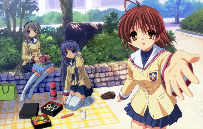 furukawa nagisa, fujibayashi kyou, and sakagami tomoyo (clannad) drawn by ikeda_kazumi