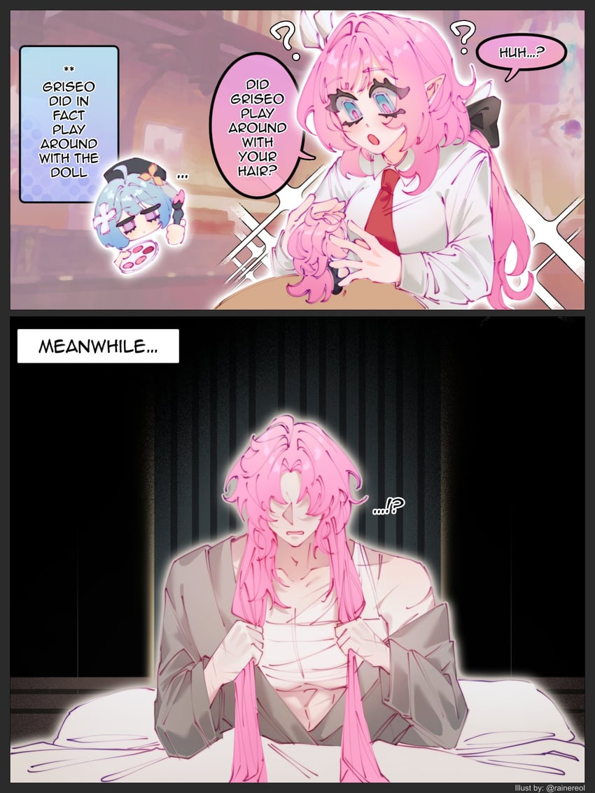 elysia, blade, and griseo (honkai and 2 more) drawn by rainereol