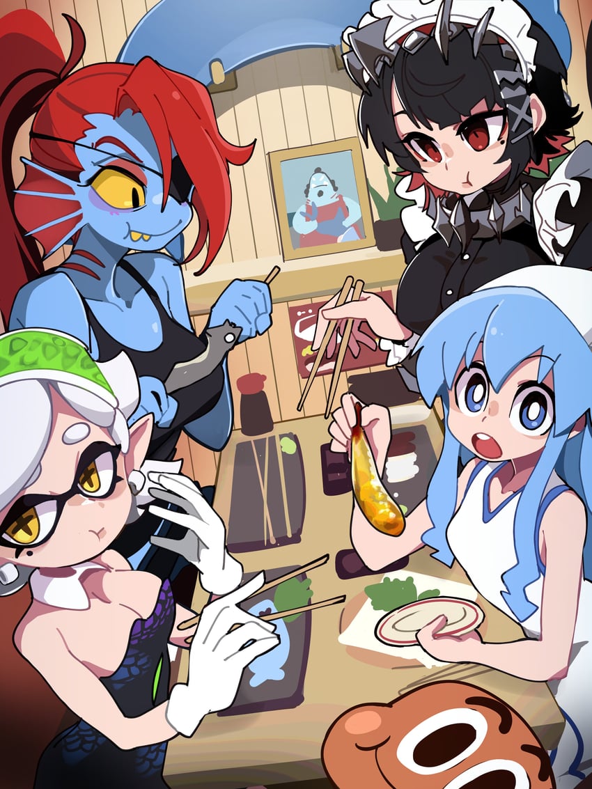 ellen joe, marie, ikamusume, undyne, jinbe, and 1 more (zenless zone zero and 5 more) drawn by bongfill