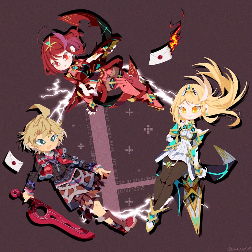 pyra, mythra, and shulk (xenoblade chronicles and 3 more) drawn by mugimugis