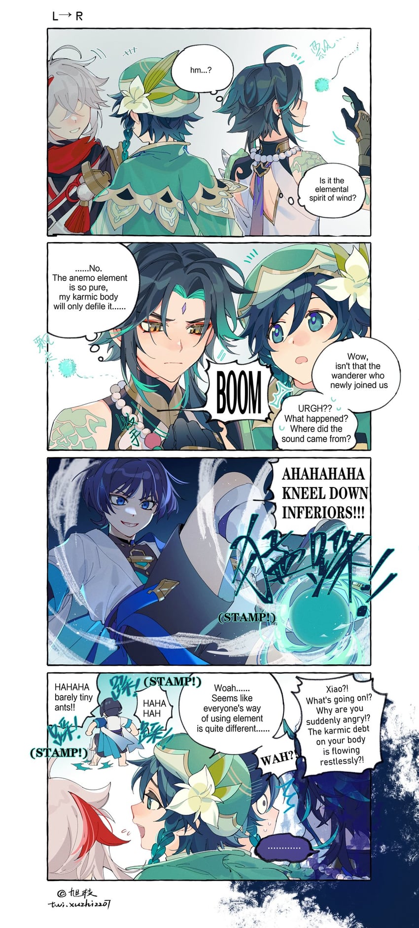 scaramouche, wanderer, venti, xiao, and kaedehara kazuha (genshin impact) drawn by zengzhi_zhixu