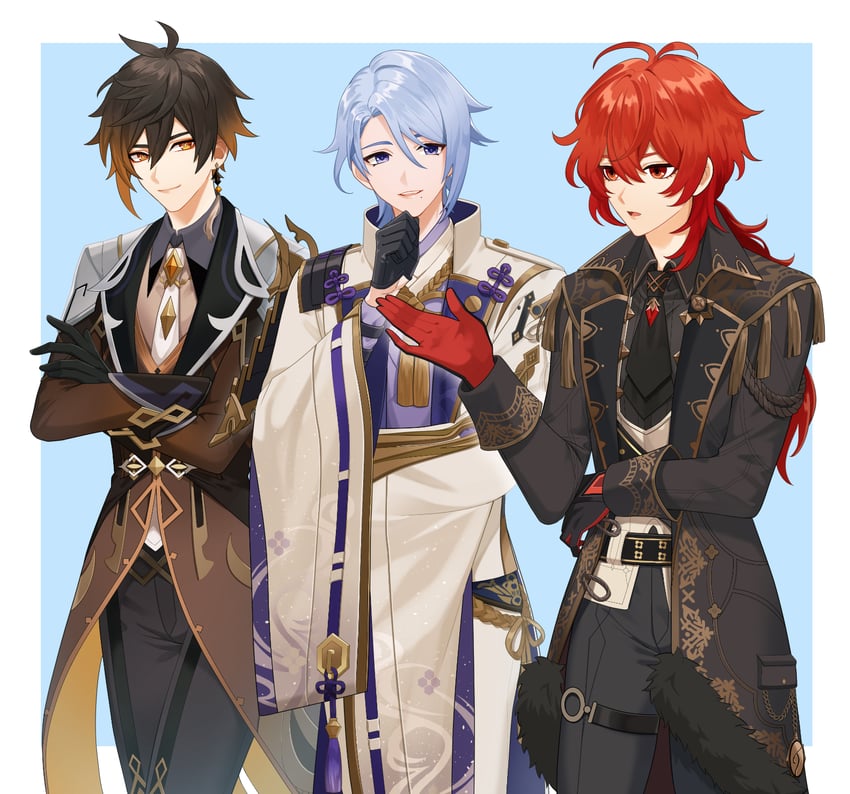 zhongli, diluc, and kamisato ayato (genshin impact) drawn by pinchi