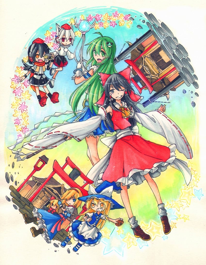 hakurei reimu, kirisame marisa, kochiya sanae, alice margatroid, shameimaru aya, and 2 more (touhou) drawn by beichen_xiaobei