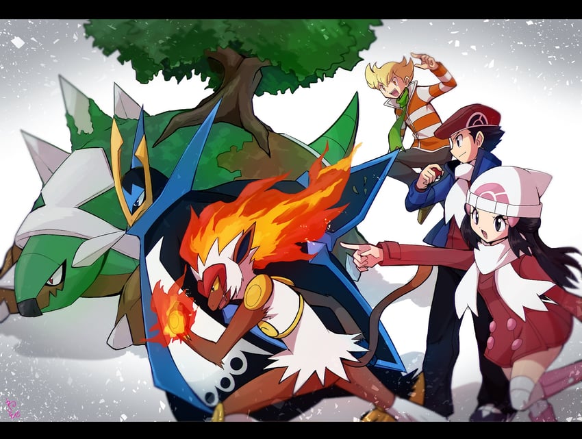 dawn, lucas, barry, empoleon, infernape, and 1 more (pokemon and 2 more) drawn by sawarabi_(sawarabi725)