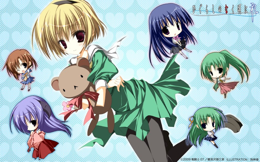 furude rika, ryuuguu rena, houjou satoko, sonozaki mion, hanyuu, and 1 more (higurashi no naku koro ni) drawn by inugami_kira