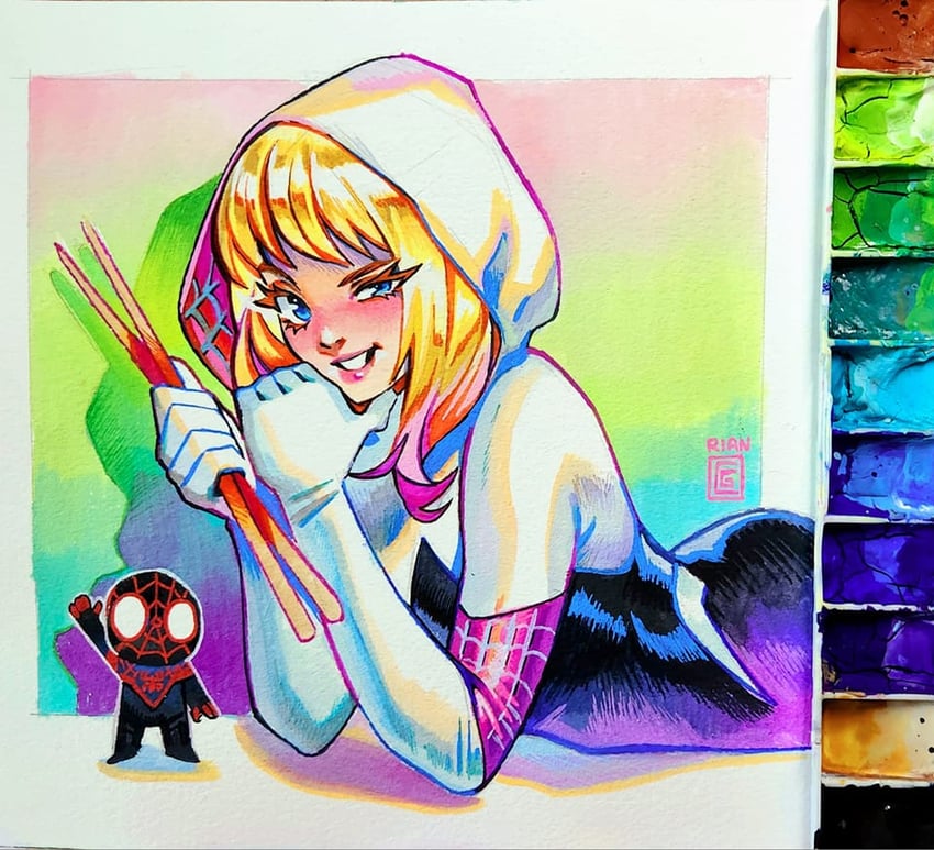 spider-gwen, gwen stacy, miles morales, and spider-man (marvel and 1 more) drawn by rian_gonzales