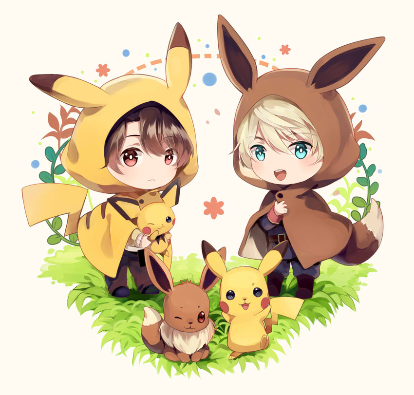 pikachu, eevee, pichu, slaine troyard, and kaizuka inaho (pokemon and 1 more) drawn by jiman