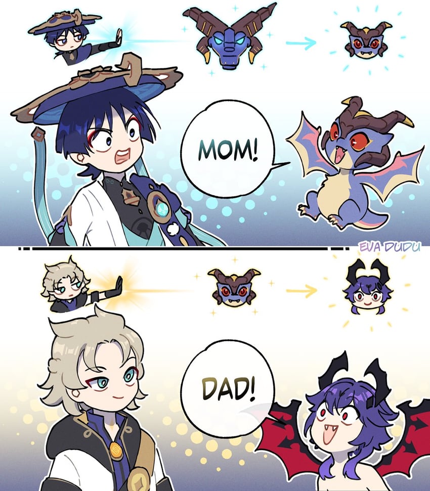 scaramouche, wanderer, albedo, and mini durin (genshin impact) drawn by kakaolikeslegs