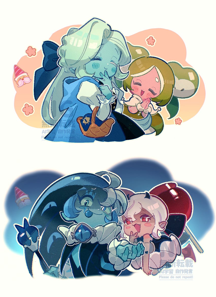 shadow milk cookie, candy apple cookie, sugar gnome, and apple faerie cookie (cookie run and 1 more) drawn by ishrkut