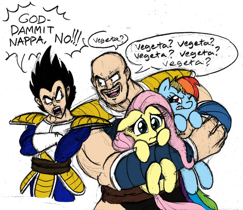 vegeta, fluttershy, rainbow dash, and nappa (dragon ball and 3 more) drawn by mickeymonster