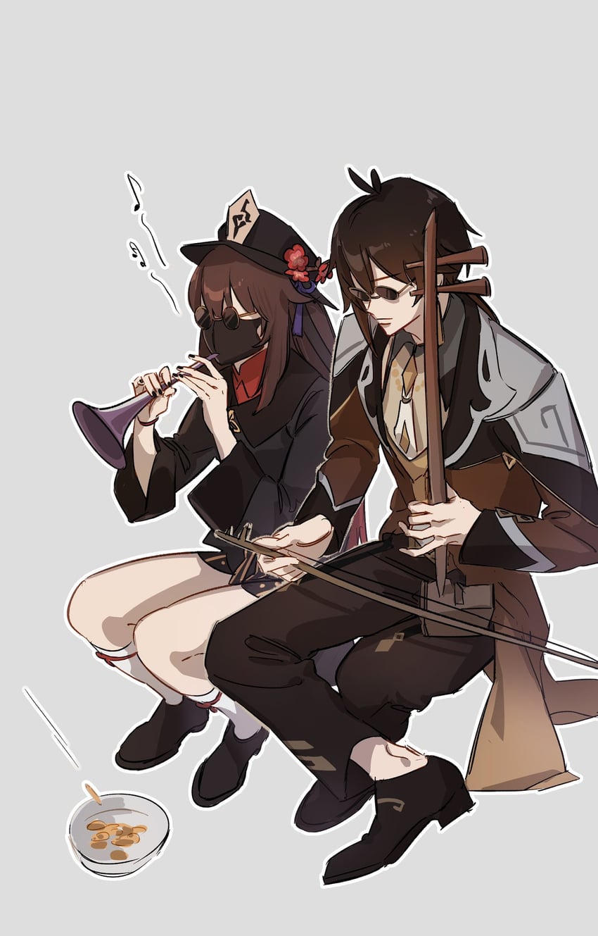 hu tao and zhongli (genshin impact) drawn by shishamo_(4731)