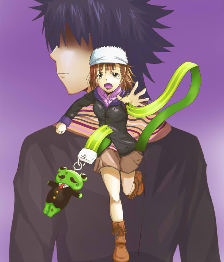 misaka mikoto, kamijou touma, and gekota (toaru majutsu no index and 1 more) drawn by ikaramon_sakaya
