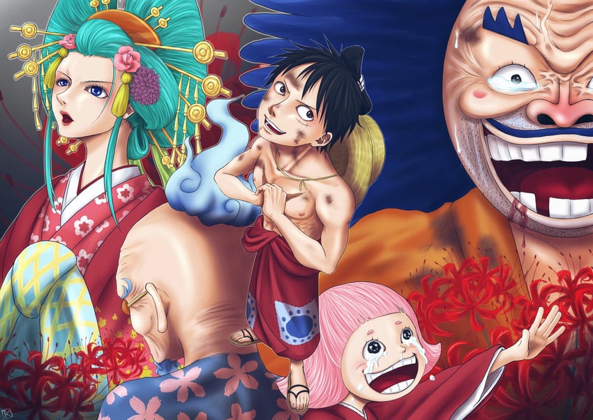 monkey d. luffy, kouzuki hiyori, toko, shimotsuki yasuie, and hyogoro (one piece) drawn by k2owo